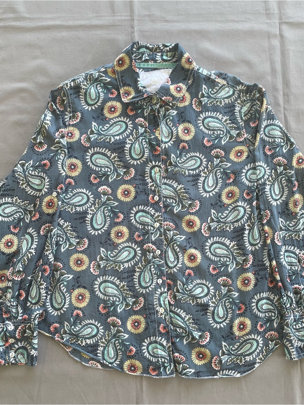 Cino Paisley Floral Button Up Shirt 100% Cotton Blue Yellow  Size XL Boho Chic